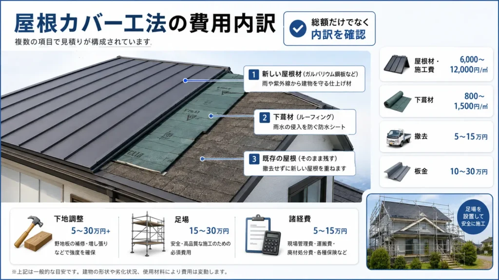 屋根カバー工法の費用内訳として、屋根材・下葺材・板金・足場・下地調整・諸経費の主な項目と目安費用を図解で示した画像