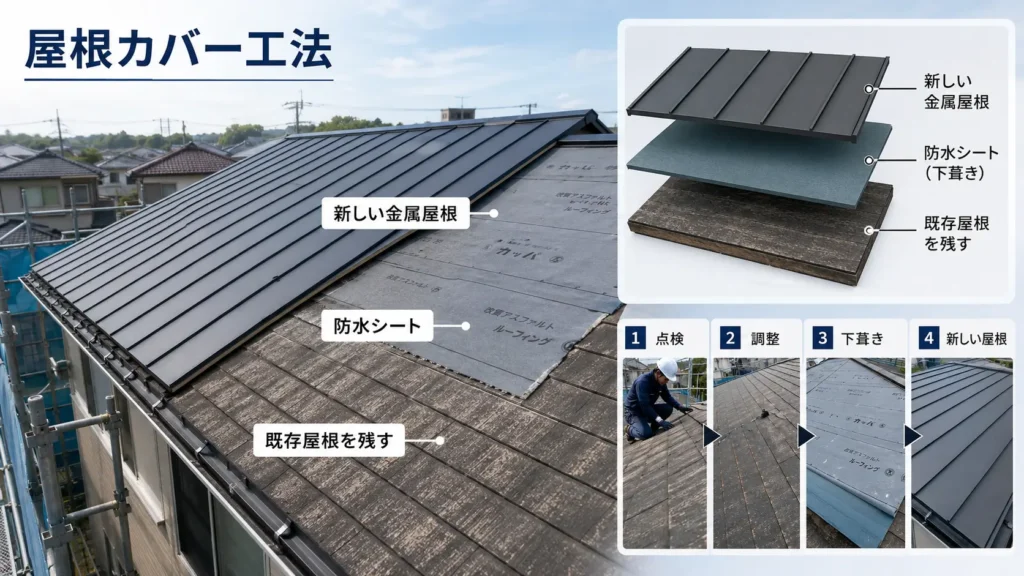 既存屋根の上に防水シートと新しい金属屋根を重ねる屋根カバー工法の仕組みと施工の流れを示した画像