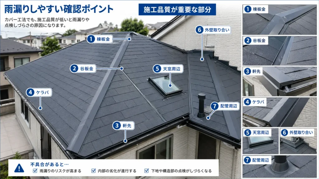 屋根カバー工法で施工品質が重要な棟板金・谷板金・軒先・ケラバ・天窓周辺・外壁取り合い・配管周辺の確認ポイントを写真付きで示した画像