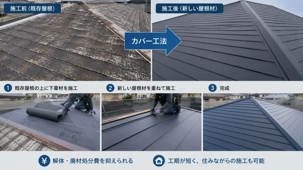 既存屋根の上に防水シートと新しい屋根材を重ねるカバー工法の施工手順を示した画像