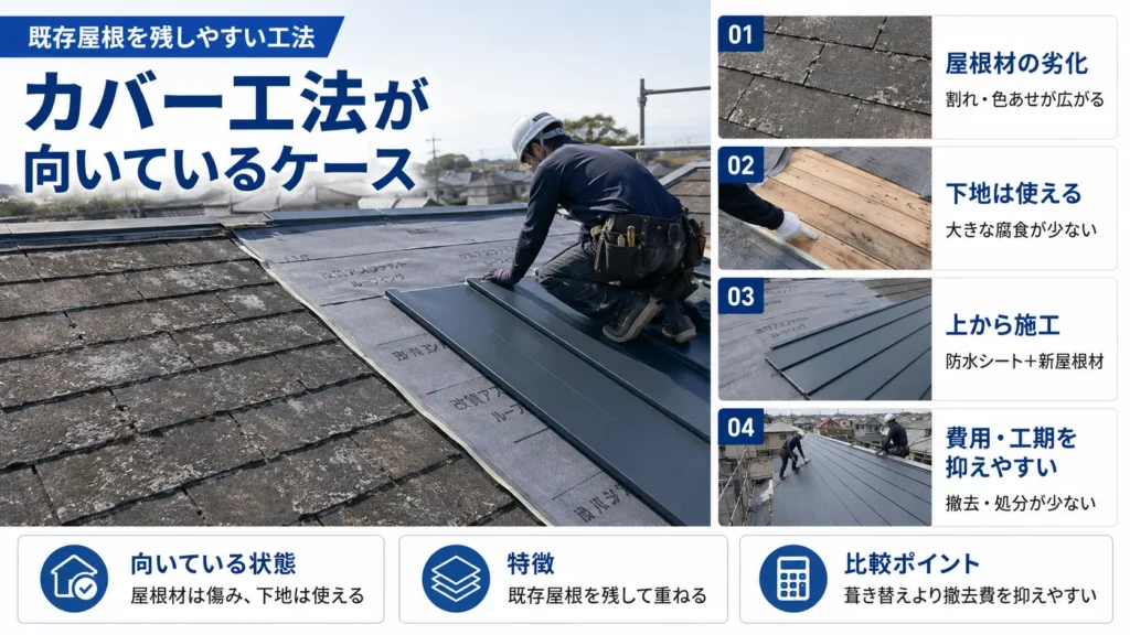 屋根材は劣化しているが下地は使える場合に、カバー工法が向いていることを示した画像