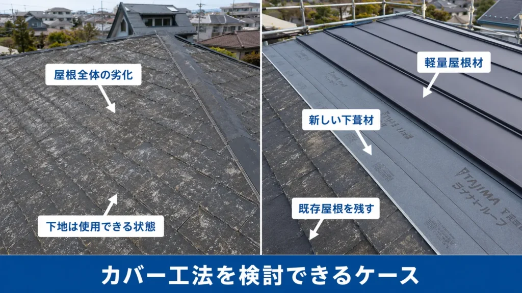 劣化した既存屋根の上に下葺材と軽量屋根材を施工するカバー工法の画像