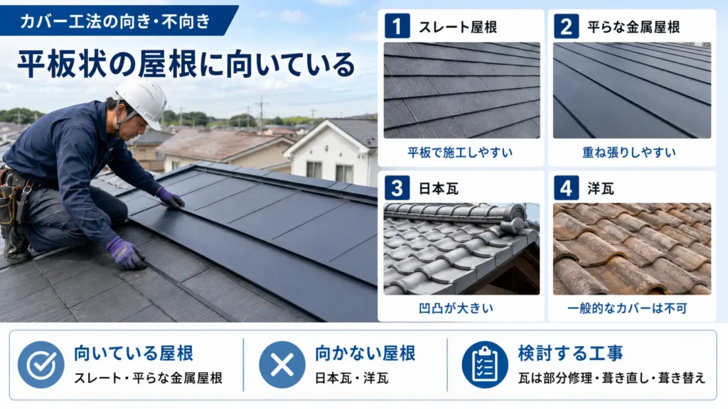 カバー工法に向くスレート・金属屋根と、向かない日本瓦・洋瓦を比較した画像