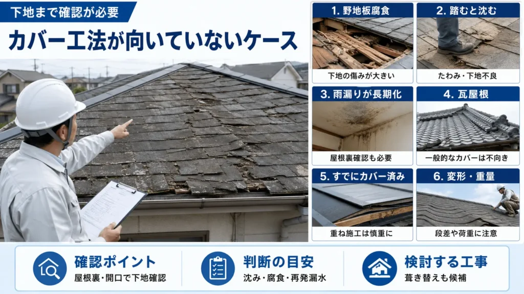 野地板の腐食や沈み、瓦屋根などカバー工法が向いていない状態を示した画像