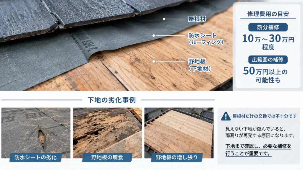 屋根材の下にある防水シートと野地板の構造、劣化や腐食の状態、部分補修と広範囲補修の費用目安を示した画像
