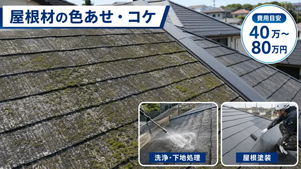色あせやコケが発生した屋根材と、洗浄・下地処理、屋根塗装の工程、費用目安40万〜80万円を示した画像