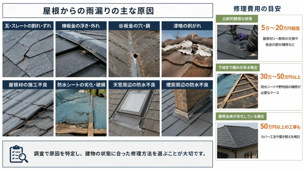 屋根からの雨漏りの主な原因として瓦やスレートの割れ、棟板金の浮き、谷板金の穴、漆喰の剥がれ、防水シートの劣化、天窓や煙突周辺の不具合と修理費用目安を示した画像