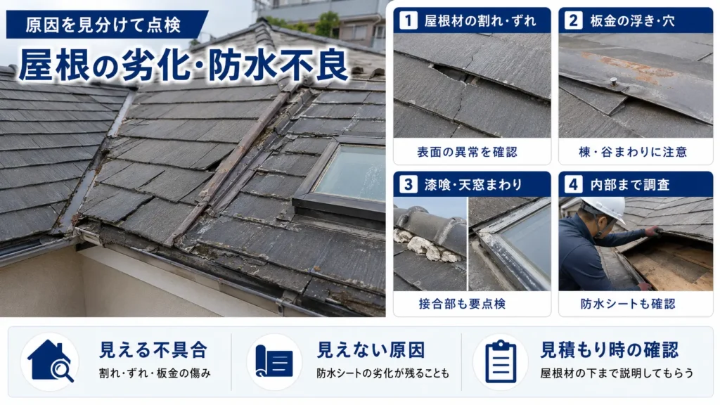 屋根の割れや板金の浮き、防水不良など雨漏りの原因を示した画像
