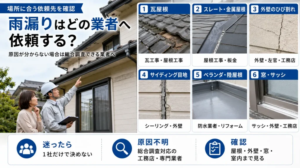 雨漏りの発生場所ごとに適した修理業者の種類を示した画像