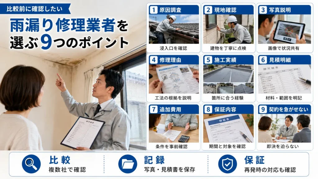 雨漏り修理業者を選ぶ際に確認したい調査・見積もり・保証など9つのポイントを示した画像