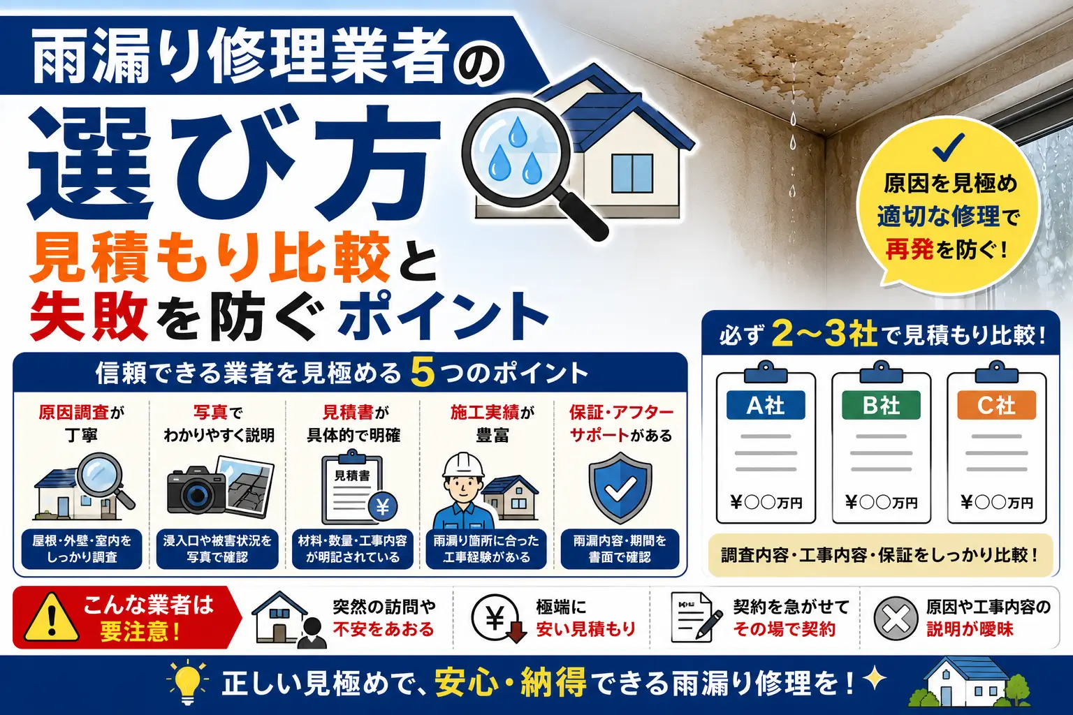 雨漏り修理業者の選び方と、見積もり比較で確認したい原因調査・工事内容・保証のポイントをまとめた図解