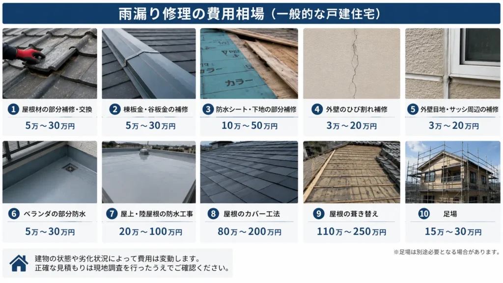 屋根材や板金の補修、防水工事、カバー工法、葺き替え、足場など、戸建住宅の雨漏り修理にかかる費用相場を一覧で示した画像