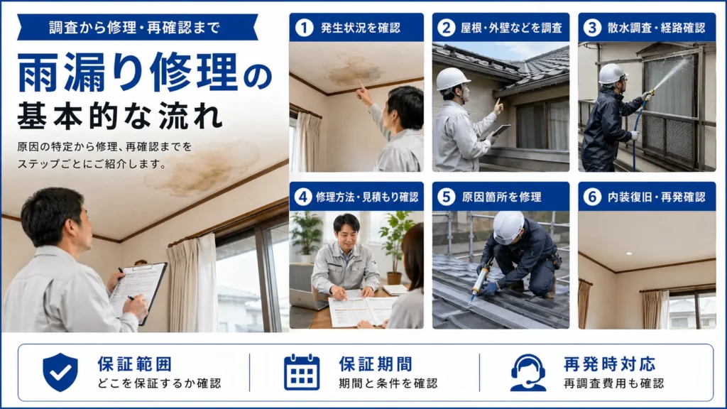 雨漏りの調査から原因箇所の修理、内装復旧、再発確認までの流れを示した画像