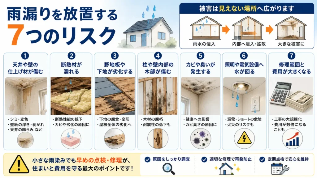 雨漏りを放置した場合に起こる7つのリスクと、住宅内部へ被害が広がる流れをわかりやすくまとめた図解