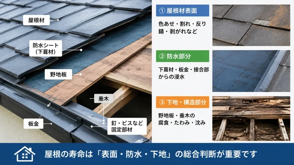 屋根材・防水部分・下地構造の3段階で、屋根の寿命を判断するポイントを示した画像