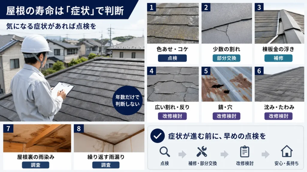 屋根の色あせ・割れ・錆・沈み・雨染みなど、寿命を判断する劣化症状を示した画像