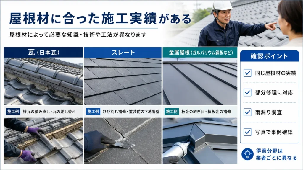 瓦、スレート、金属屋根ごとの施工例と、同じ屋根材の実績、部分修理、雨漏り調査、施工事例写真の確認ポイントを示した画像