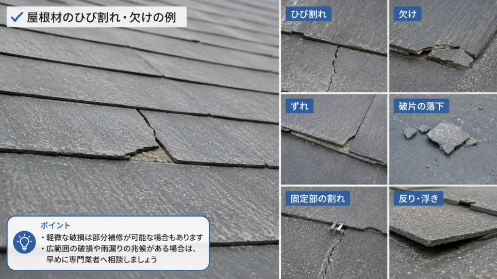 スレート屋根のひび割れ・欠け・ずれ・破片の落下などの劣化症状を示した画像