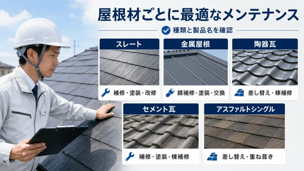 スレート・金属屋根・陶器瓦・セメント瓦・アスファルトシングルに適したメンテナンス方法を示した画像