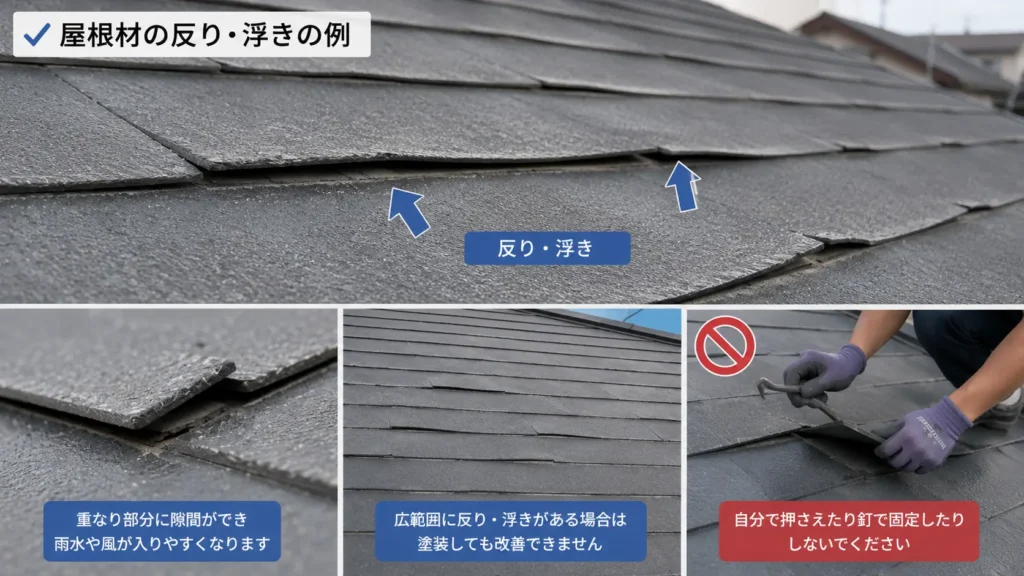 スレート屋根材の反りや浮きによって重なり部分に隙間が生じた状態を示した画像