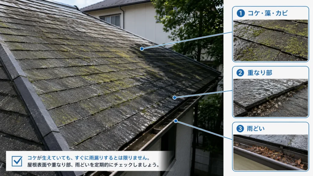 コケや藻が付着した屋根と、屋根材の重なり部分や雨どいの点検箇所を示した画像