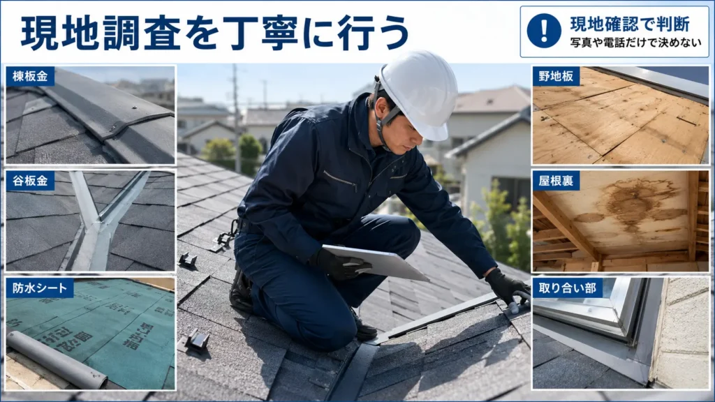 屋根修理の現地調査で棟板金、谷板金、防水シート、野地板、屋根裏、取り合い部分を確認する様子を示した画像