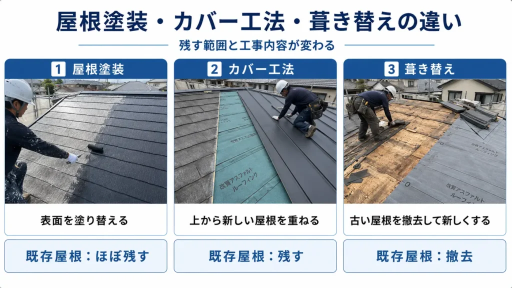 屋根塗装・カバー工法・葺き替えの工事内容と既存屋根の扱いを比較した画像