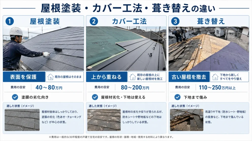屋根塗装・カバー工法・葺き替えの違いを、工事方法・費用目安・適した劣化状態ごとに写真付きで比較した画像