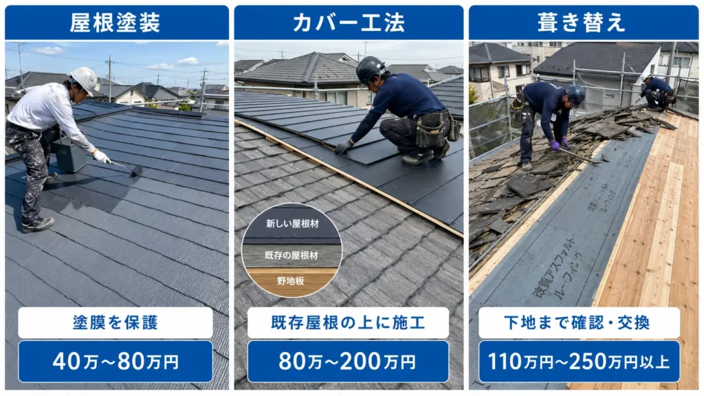 屋根塗装・カバー工法・葺き替えの違いを比較した画像。費用相場の目安と、塗膜の劣化に適した屋根塗装、下地を活かせるカバー工法、野地板や防水シートまで傷んだ場合に適した葺き替えを分かりやすく示している。