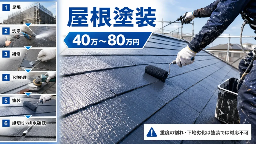 屋根塗装の工程として、足場設置、高圧洗浄、補修、下地処理、塗装、縁切り・排水確認と費用目安40万〜80万円を示した画像