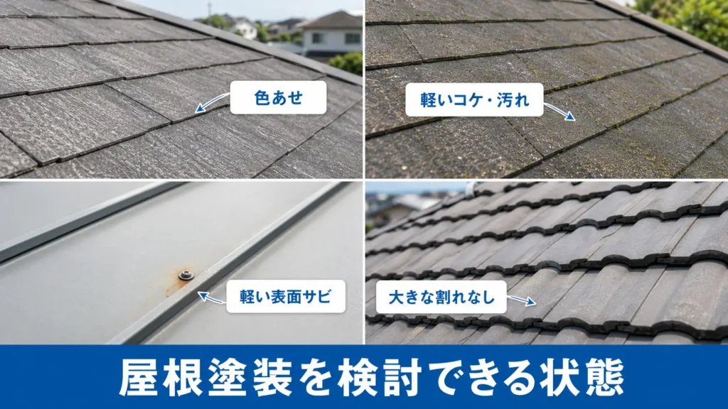 色あせや軽いコケ、軽い表面錆など屋根塗装が向いている状態を示した画像