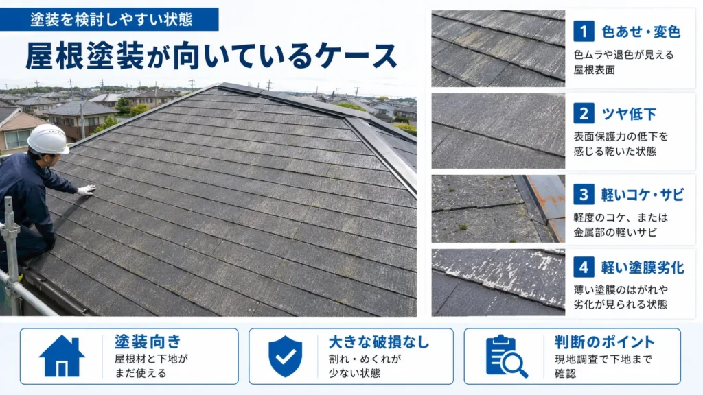 色あせや軽いコケ・錆など、屋根塗装を検討できる劣化状態を示した画像