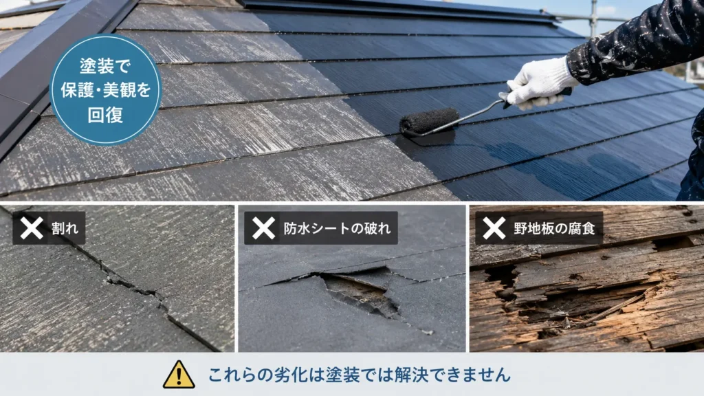 屋根塗装で保護できる劣化と、割れ・防水シート破れ・野地板腐食など塗装では直せない症状を示した画像