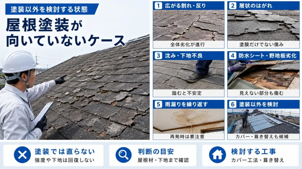 広範囲の割れや下地劣化など、屋根塗装では対応できない状態を示した画像