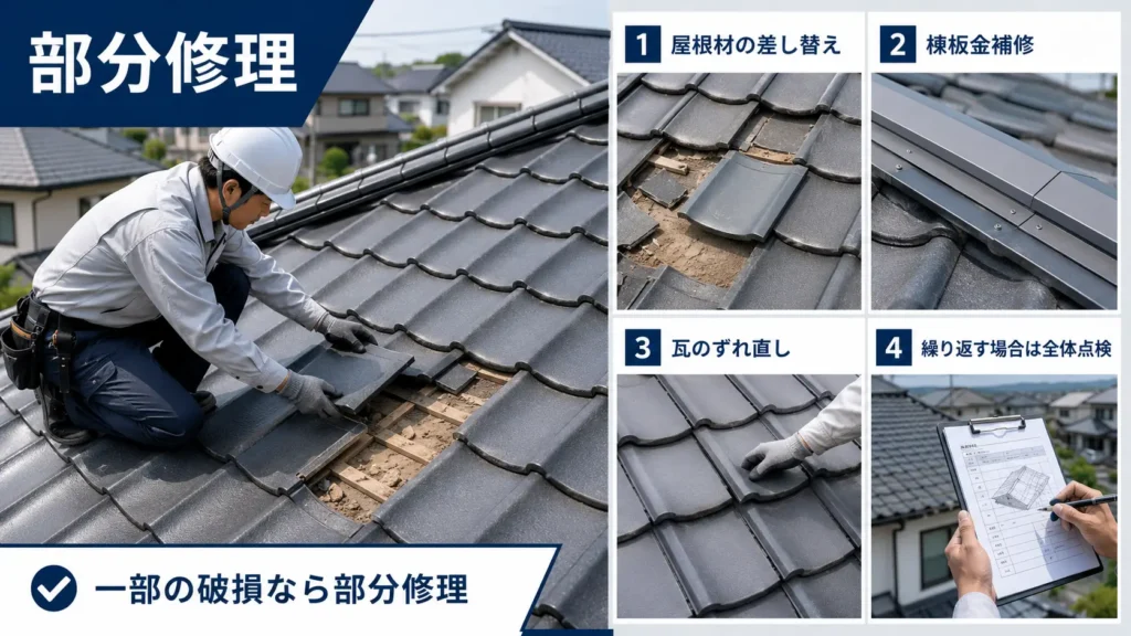 屋根材の差し替えや棟板金補修、瓦のずれ直しなどの部分修理を示した画像