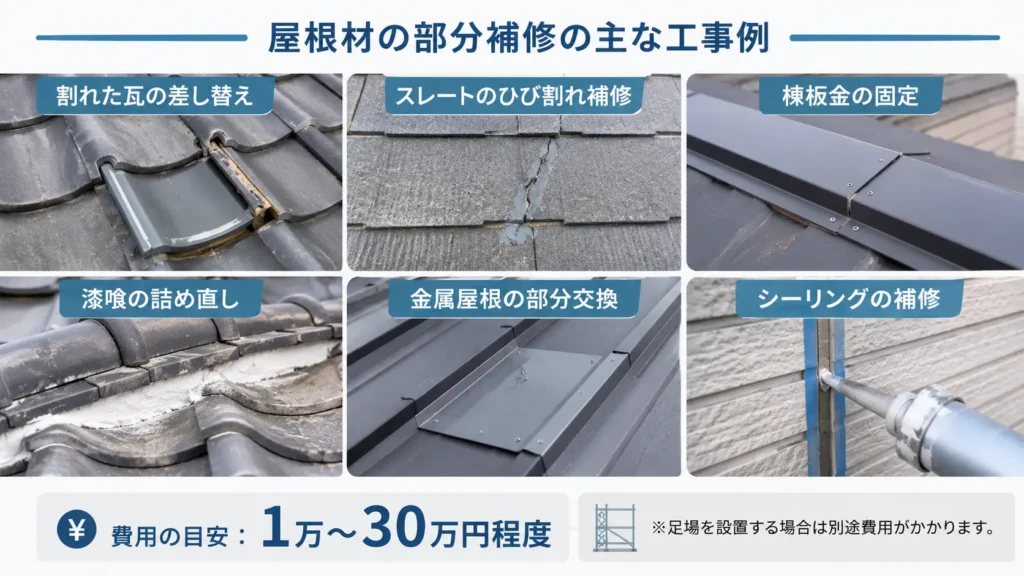 屋根材の部分補修の主な工事例として、瓦の差し替え、スレート補修、棟板金の固定、漆喰補修、金属屋根の部分交換、シーリング補修と費用目安1万〜30万円を示した画像