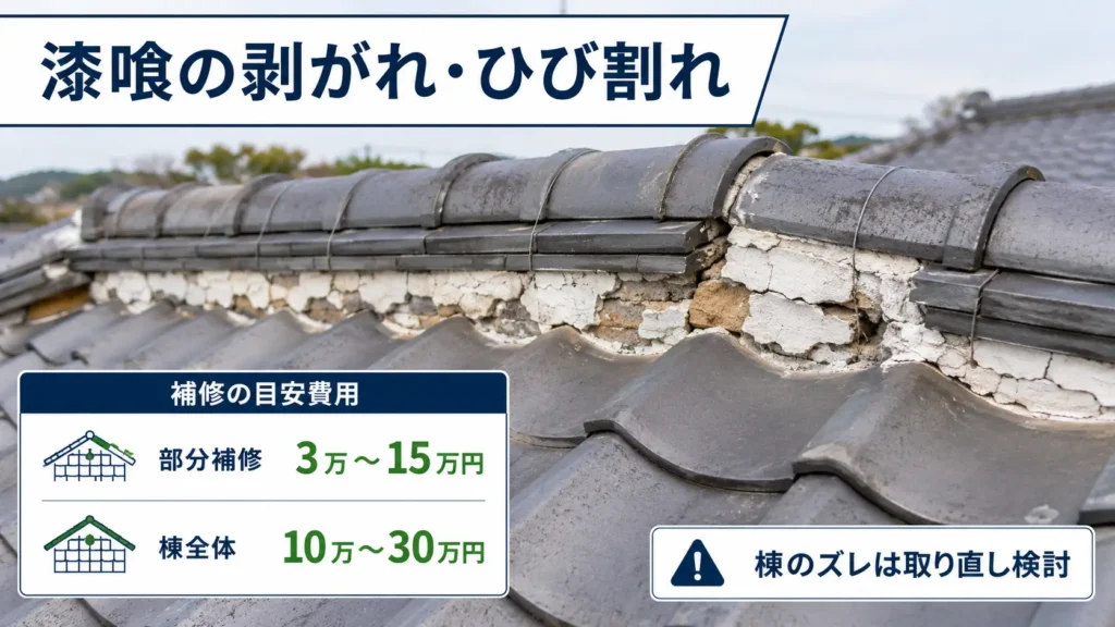 瓦屋根の漆喰の剥がれやひび割れと補修費用の目安を示した画像