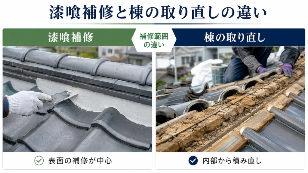 漆喰の表面補修と棟瓦を外して積み直す工事の違いを比較した画像