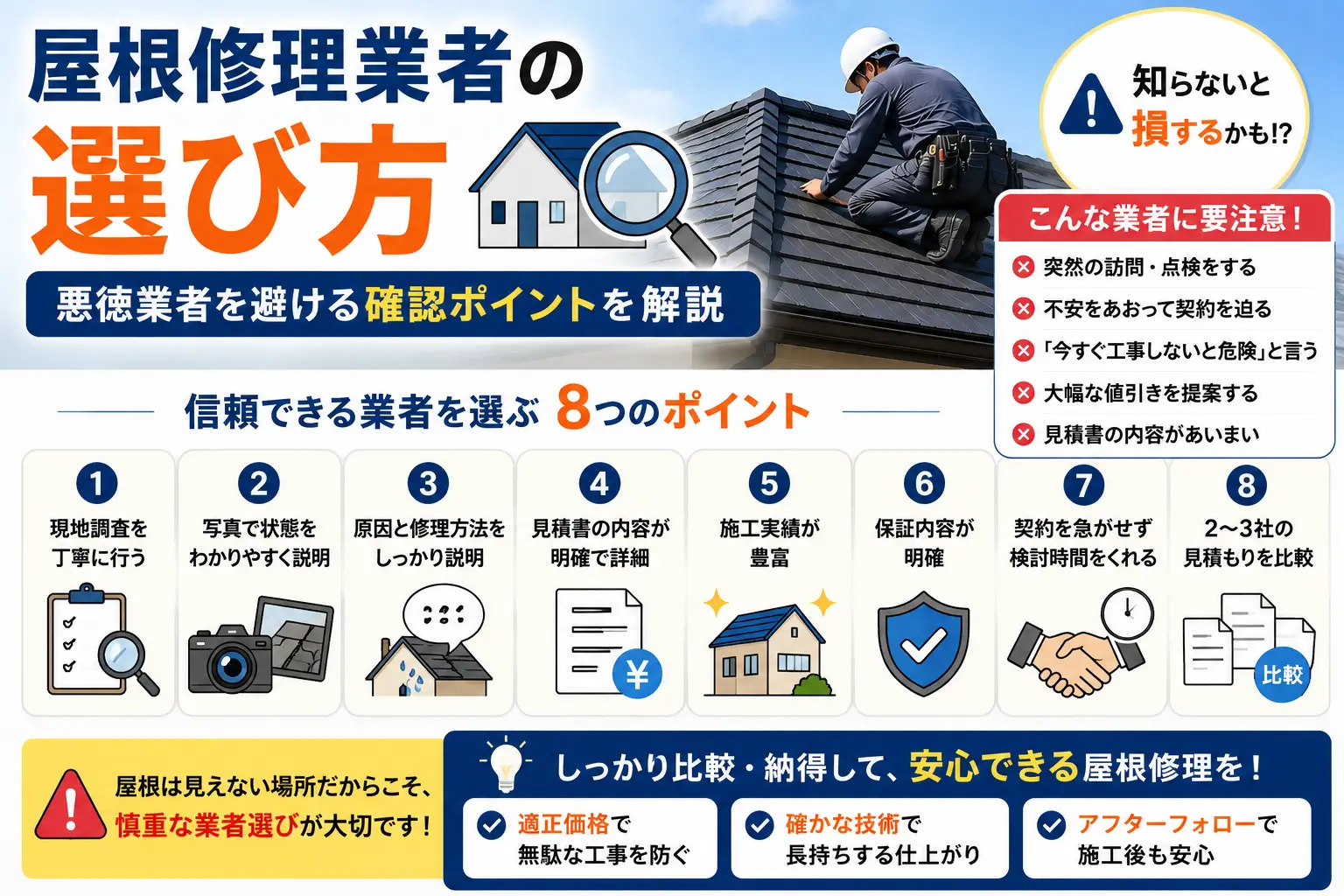 屋根修理業者の選び方や悪徳業者を避ける確認ポイント、信頼できる業者の見分け方をまとめた図解