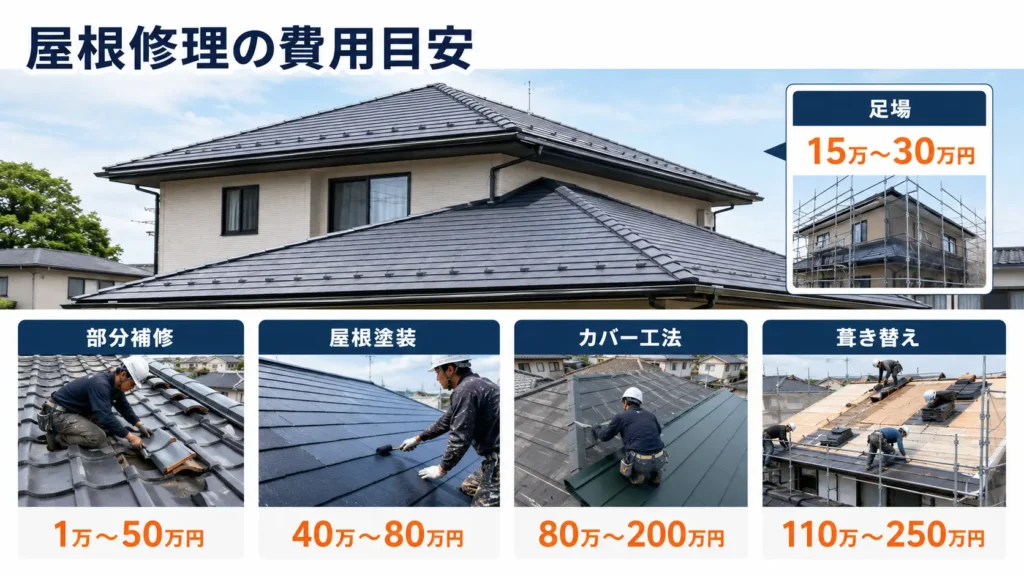 部分補修・屋根塗装・カバー工法・葺き替え・足場の費用相場を写真風で比較した屋根修理費用ガイド画像
