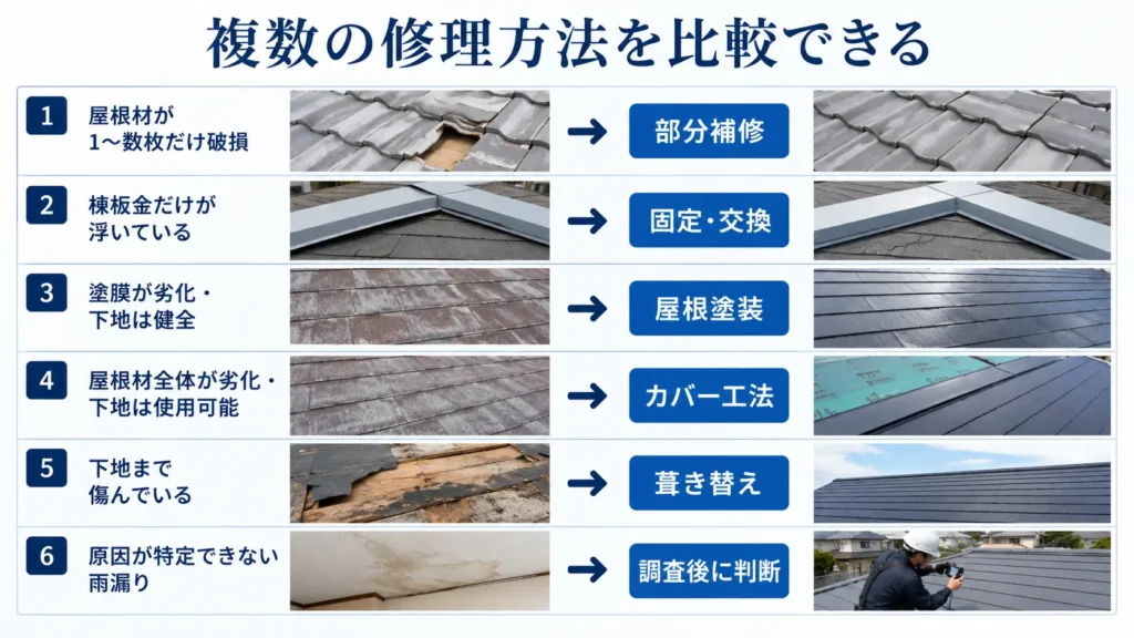 屋根の劣化状態に応じて、部分補修、棟板金の固定・交換、屋根塗装、カバー工法、葺き替え、調査後の判断を比較した画像