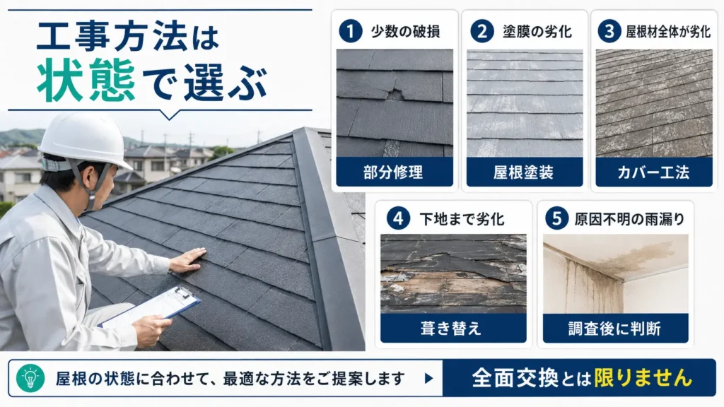 屋根の劣化状態に応じて、部分修理・塗装・カバー工法・葺き替えを選ぶ基準を示した画像