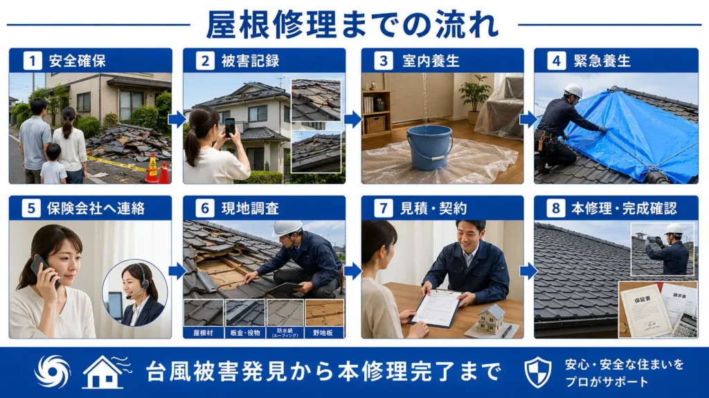 台風被害を受けた屋根の安全確保から本修理完了までの流れを示した画像