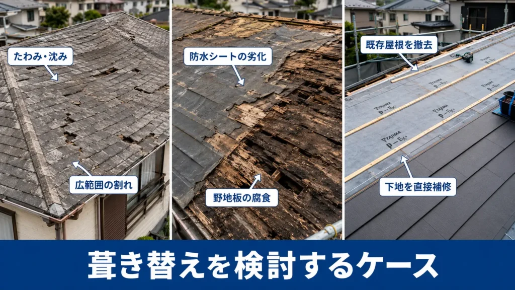 屋根のたわみや広範囲の割れ、防水シート・野地板の劣化と葺き替え工事を示した画像