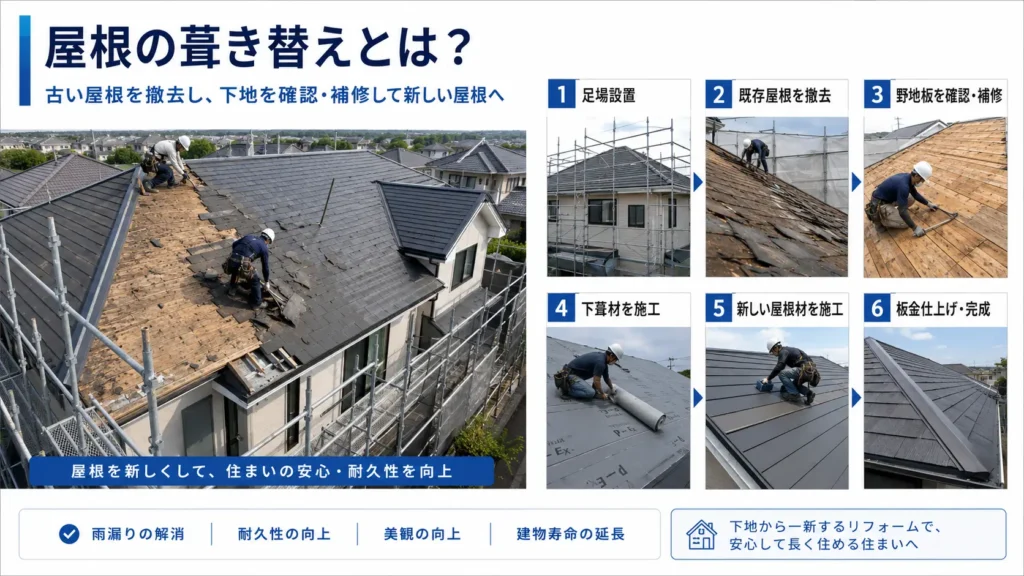 屋根の葺き替え工事について、足場設置、既存屋根の撤去、野地板の確認・補修、下葺材と新しい屋根材の施工、板金仕上げまでの流れを示した画像