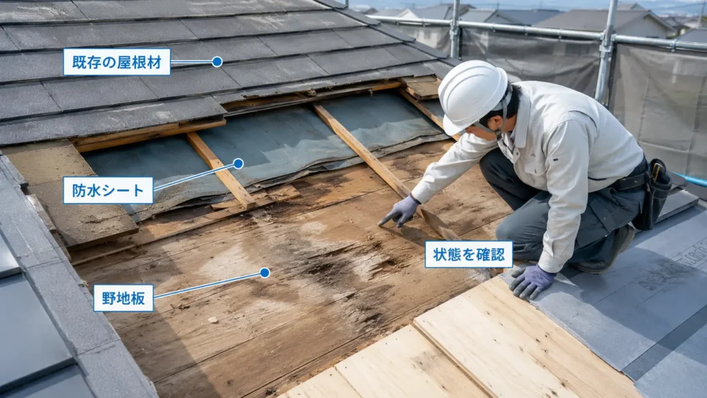 屋根葺き替え工事で既存屋根を撤去し、作業員が野地板や防水シートの劣化状態を直接確認している様子