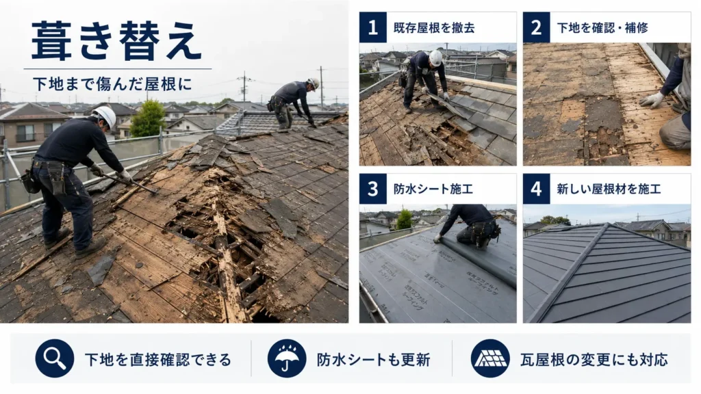 既存屋根を撤去し、下地補修・防水シート施工・新しい屋根材の設置を行う葺き替え工程の画像