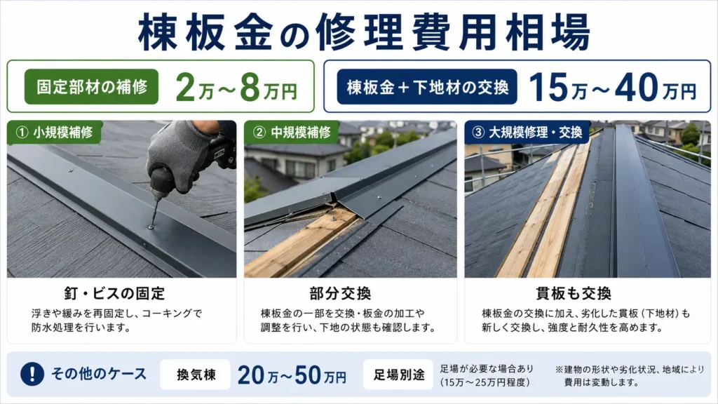 棟板金の固定補修・部分交換・貫板交換にかかる費用相場を示した画像