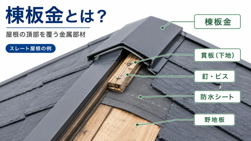 棟板金の役割と下地・釘・防水シート・野地板の構造を示した画像