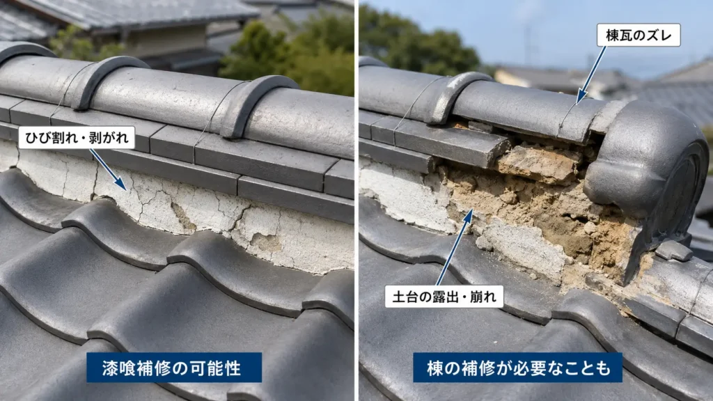 瓦屋根の漆喰のひび割れと棟瓦・土台の崩れを比較した画像